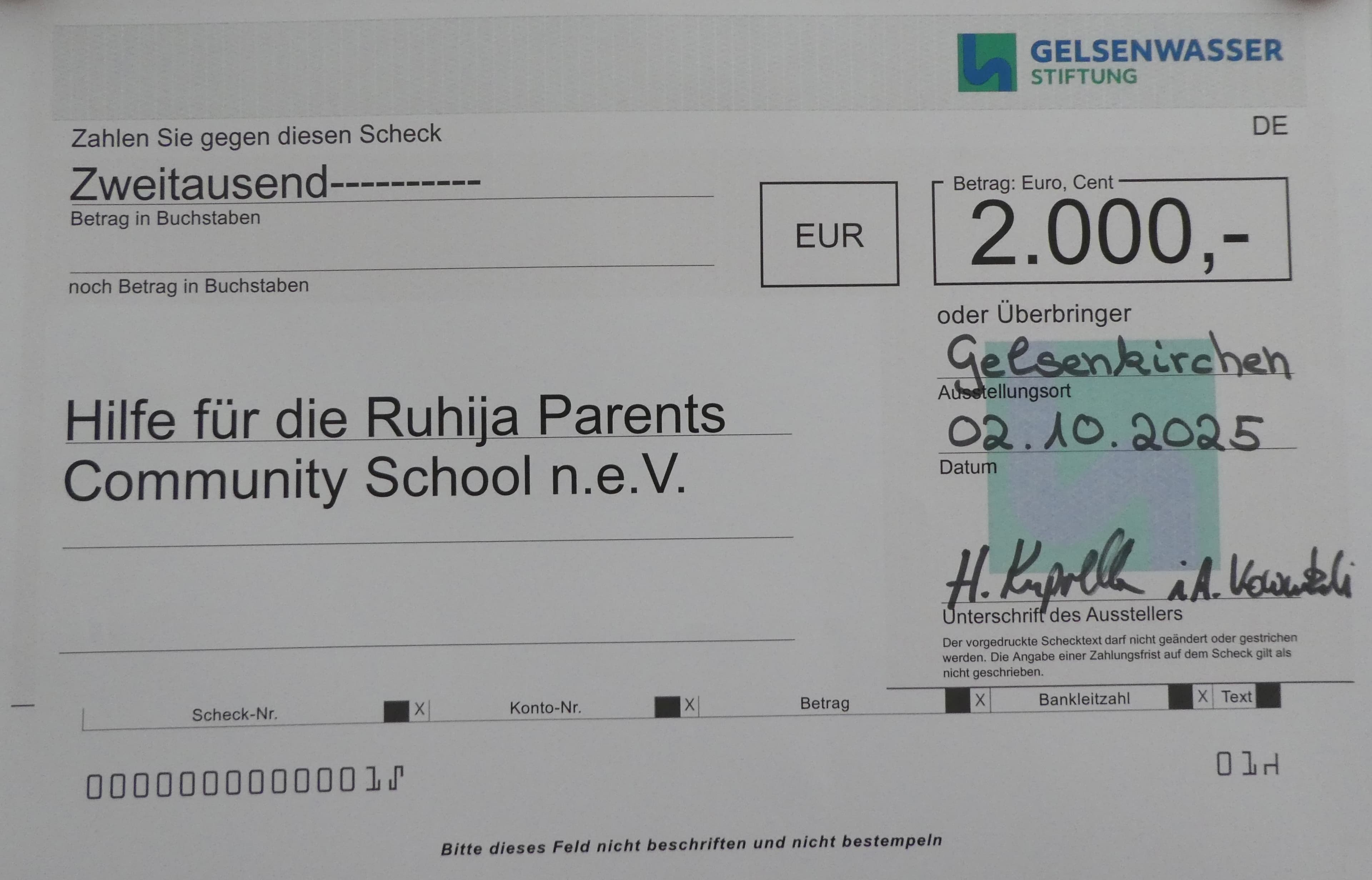 Gelsenwasser Scheck über 2000€